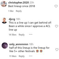 Fans react to the ACL Festival lineup. (Image via Instagram/@aclfestival)