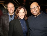 Douglas Emhoff, Kamala Harris, and James Monroe Iglehart backstage at *A Wonderful World: The Louis Armstrong Musical* on Broadway. (Image via Getty/Bruce Glikas)