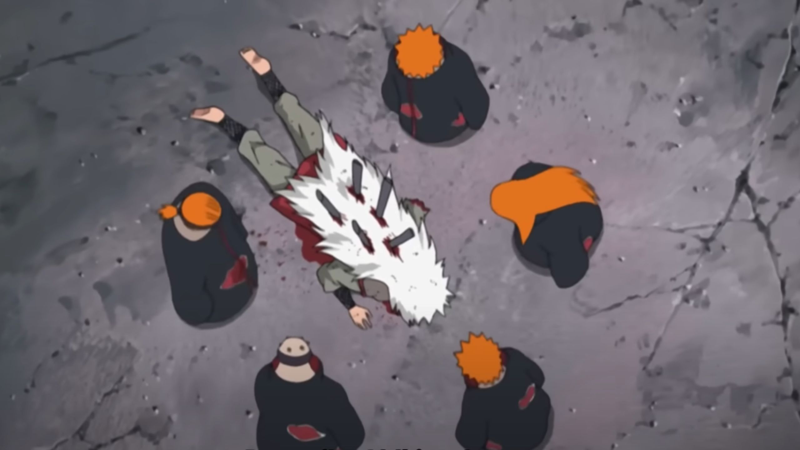 Jiraiya gets pinned down by Pain (Image Source: Studio Pierrot)