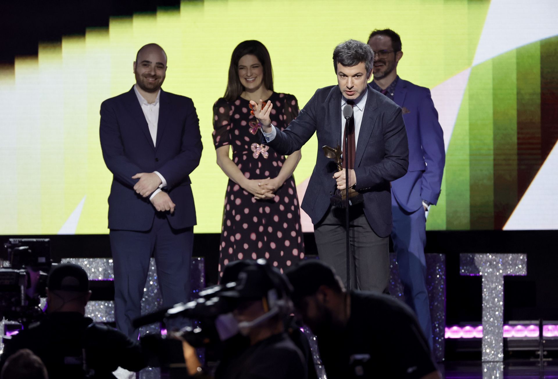 Nathan Fielder accepting an award for The Rehearsal in 2023 (Image via Getty)