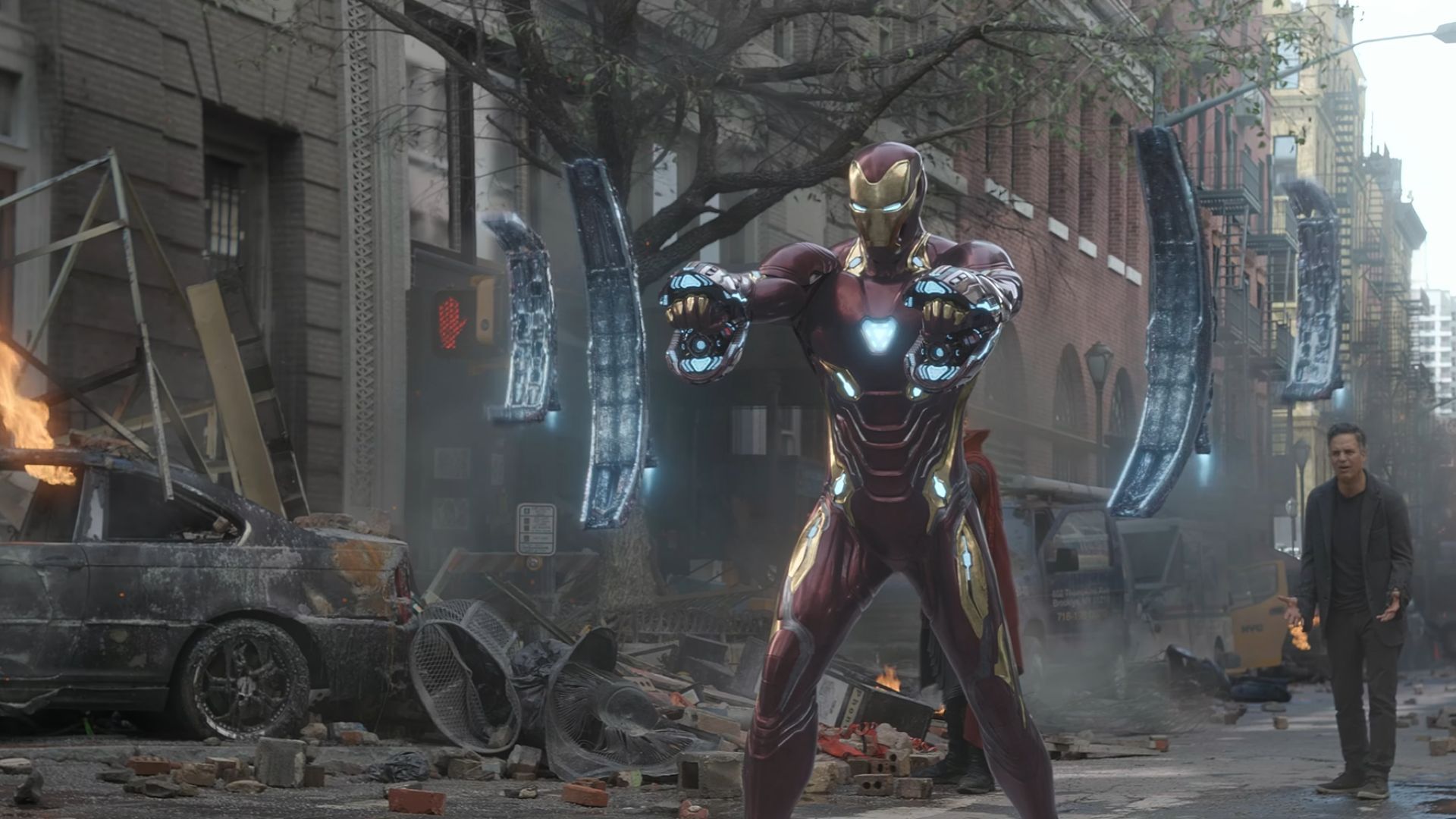 Iron Man about to destroy an alien invading the earth.