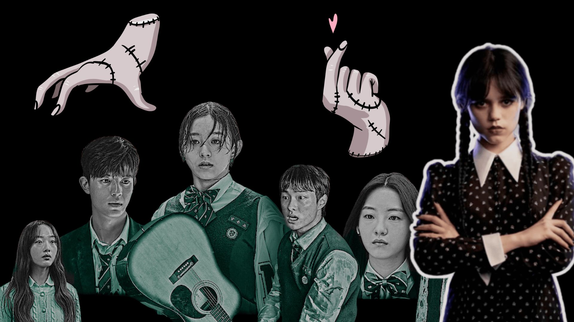 All Of Us Are Dead + Wednesday Collage | Images via: Yang Hae-sung/Netflix/Canva | Collage by: Beatrix Kondo of Soap Central