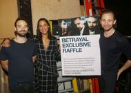 On September 22, 2019, in New York City, Charlie Cox, Zawe Ashton, and Tom Hiddleston pose backstage before bidding off VIP tickets to their Broadway production of "Betrayal" at The Bernard B. Jacobs Theatre. (Photo by Bruce Glikas/WireImage)