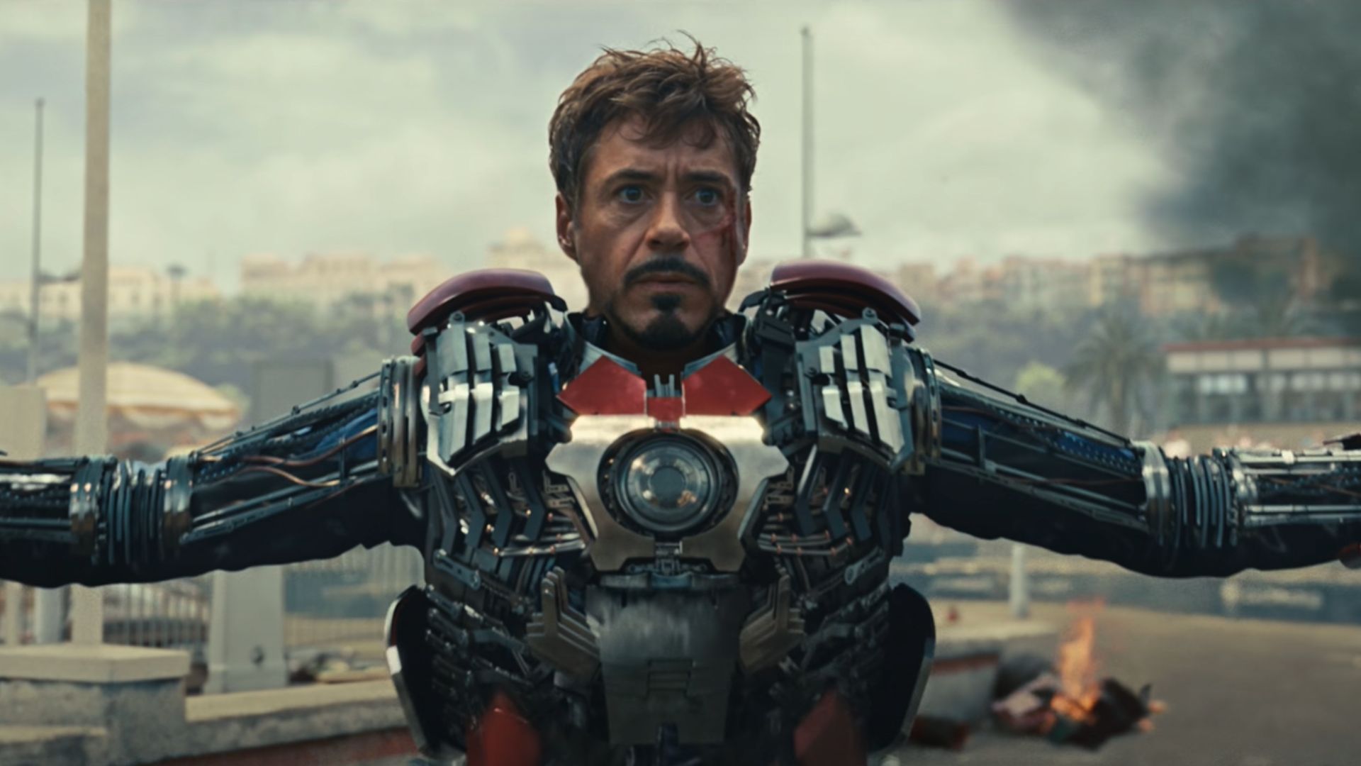 Tony is seen suiting up during a fight