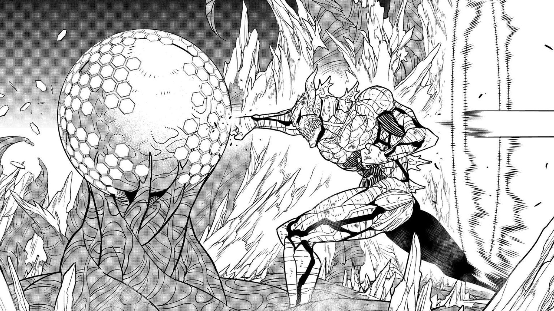Kafka punching Meireki&#039;s core as seen in the Kaiju No. 8 manga cover (Image credit: Shueisha)