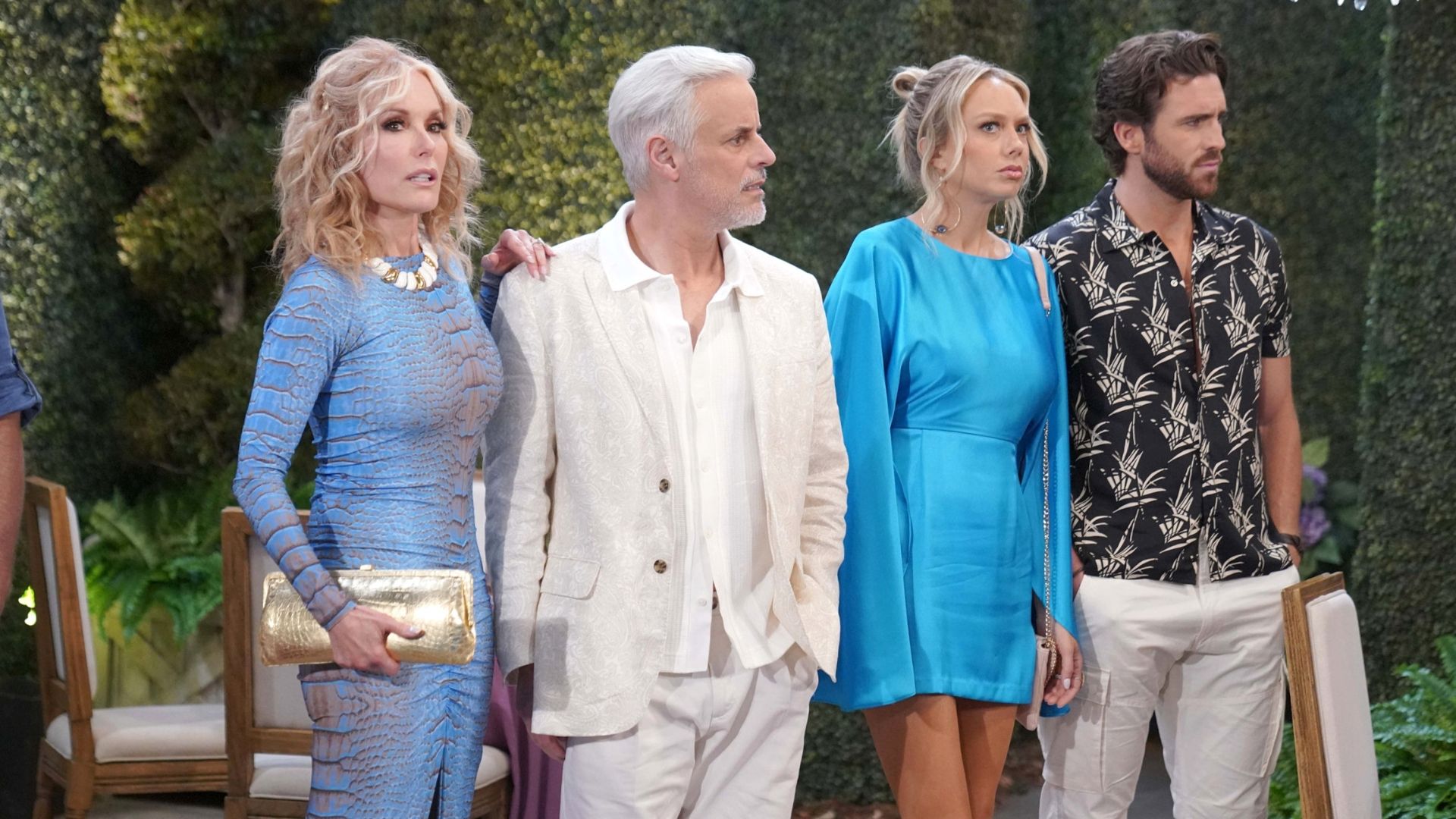 Lauren (Tracey Bregman), Michael (Christian LeBlanc), Abby (Melissa Ordway), and Chance (Conner Floyd) arrive at the party on The Young and the Restless | Image: JPI