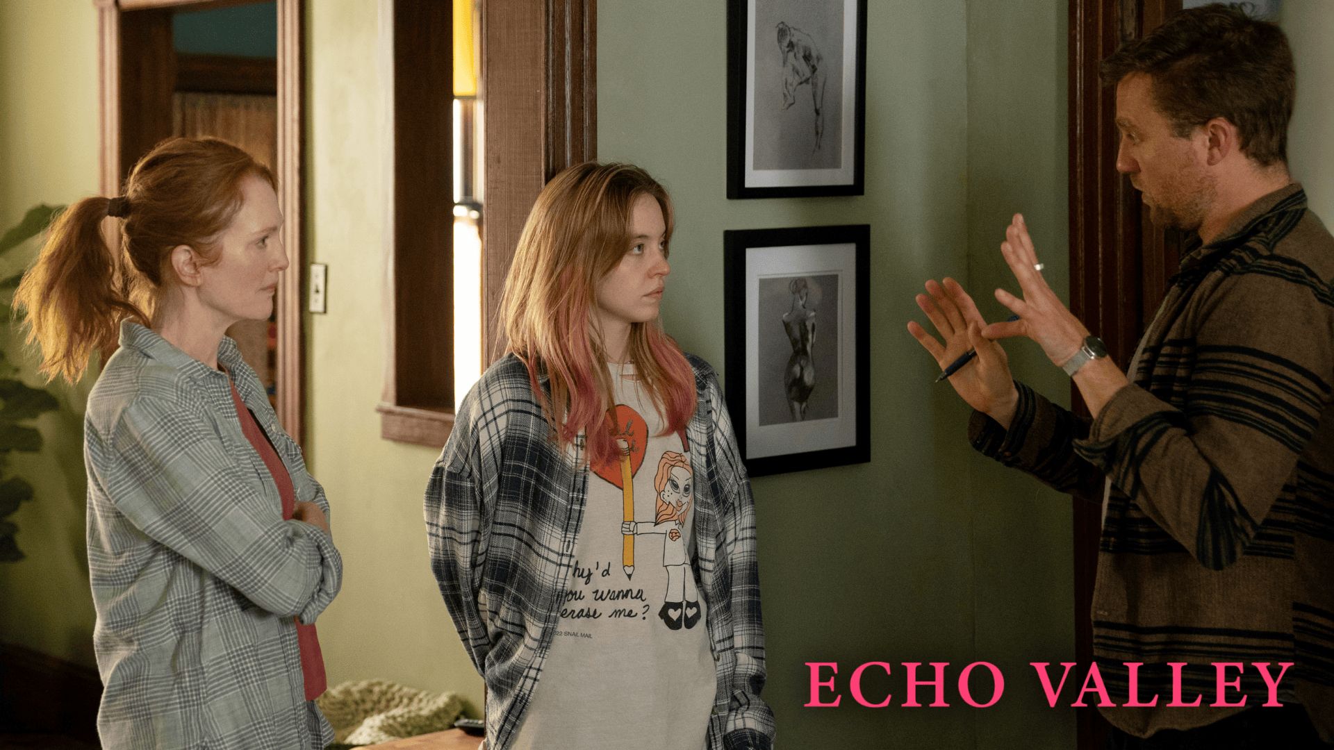 Julianne Moore, Sydney Sweeney, and director and producer Michael Pearce behind-the-scenes of Echo Valley | Image via: Apple TV+.
