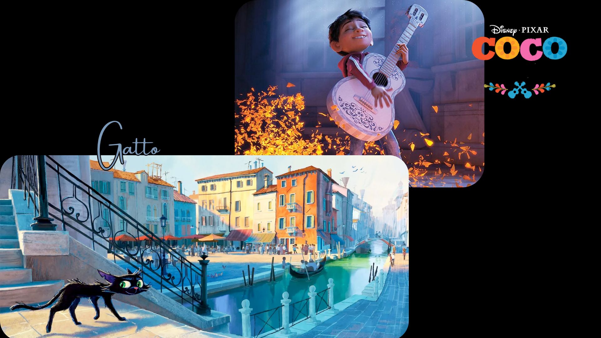 Scenes from Gatto and Coco | Images via: Disney/Pixar | Collage by: Beatrix Kondo of Soap Central