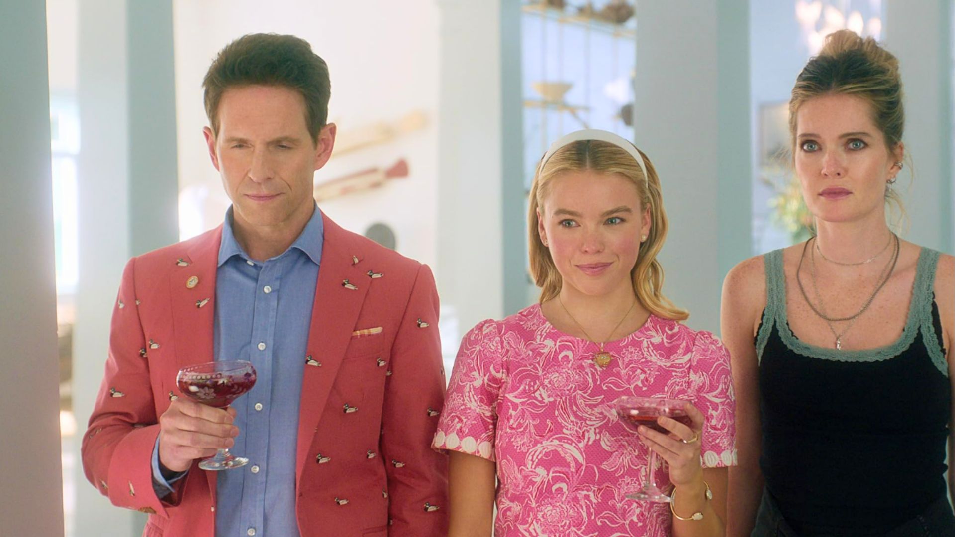 Glenn Howerton, Meghann Fahy, and Milly Alcock in Sirens (Image via Netflix)