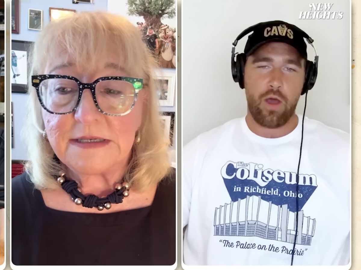 Mama Kelce &amp; Travis Kelce. Image via Youtube/.@newheightshow