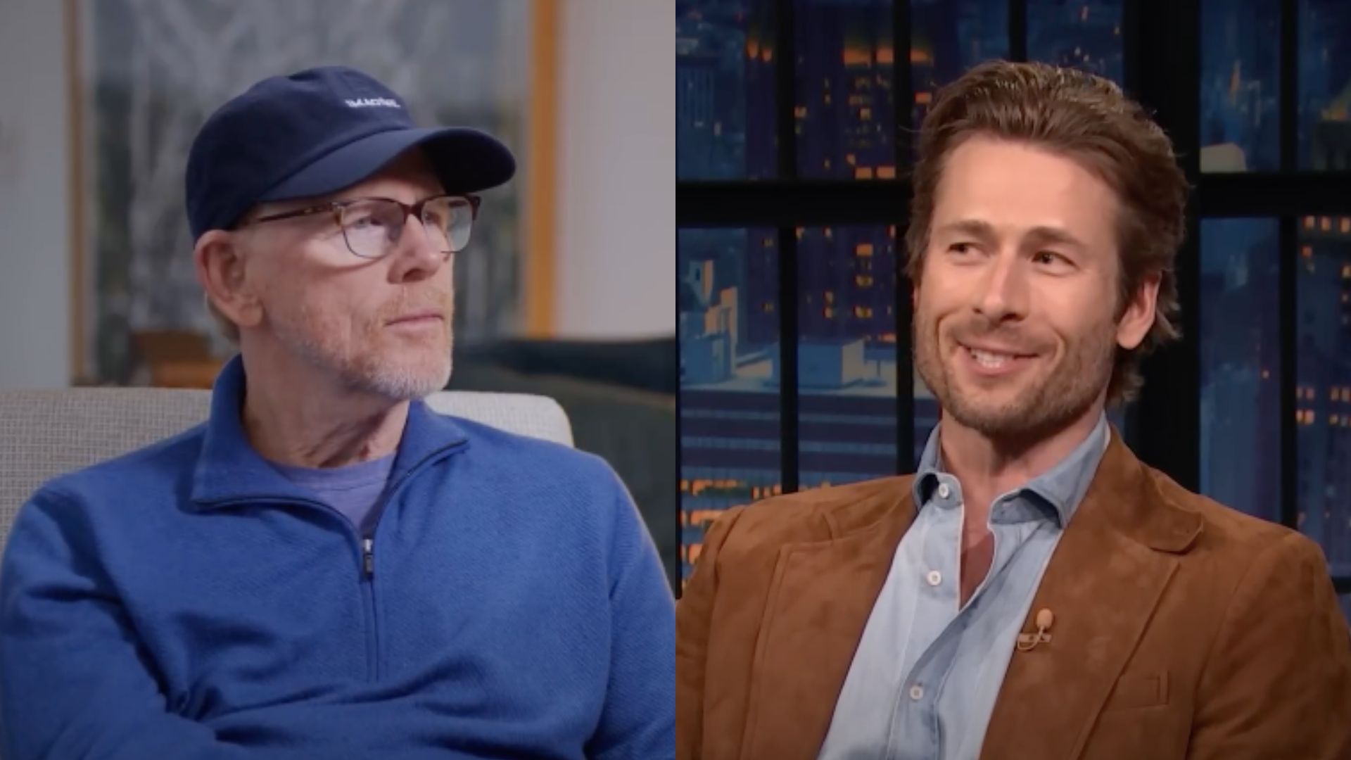 This is a collage of the images of Ron Howard (left) and Glen Powell (right)