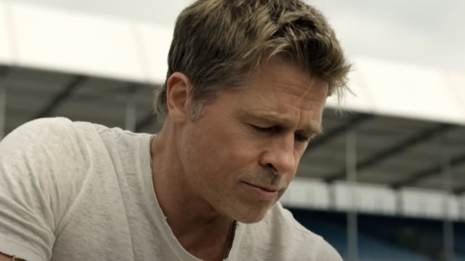 A still from F1, featuring Brad Pitt