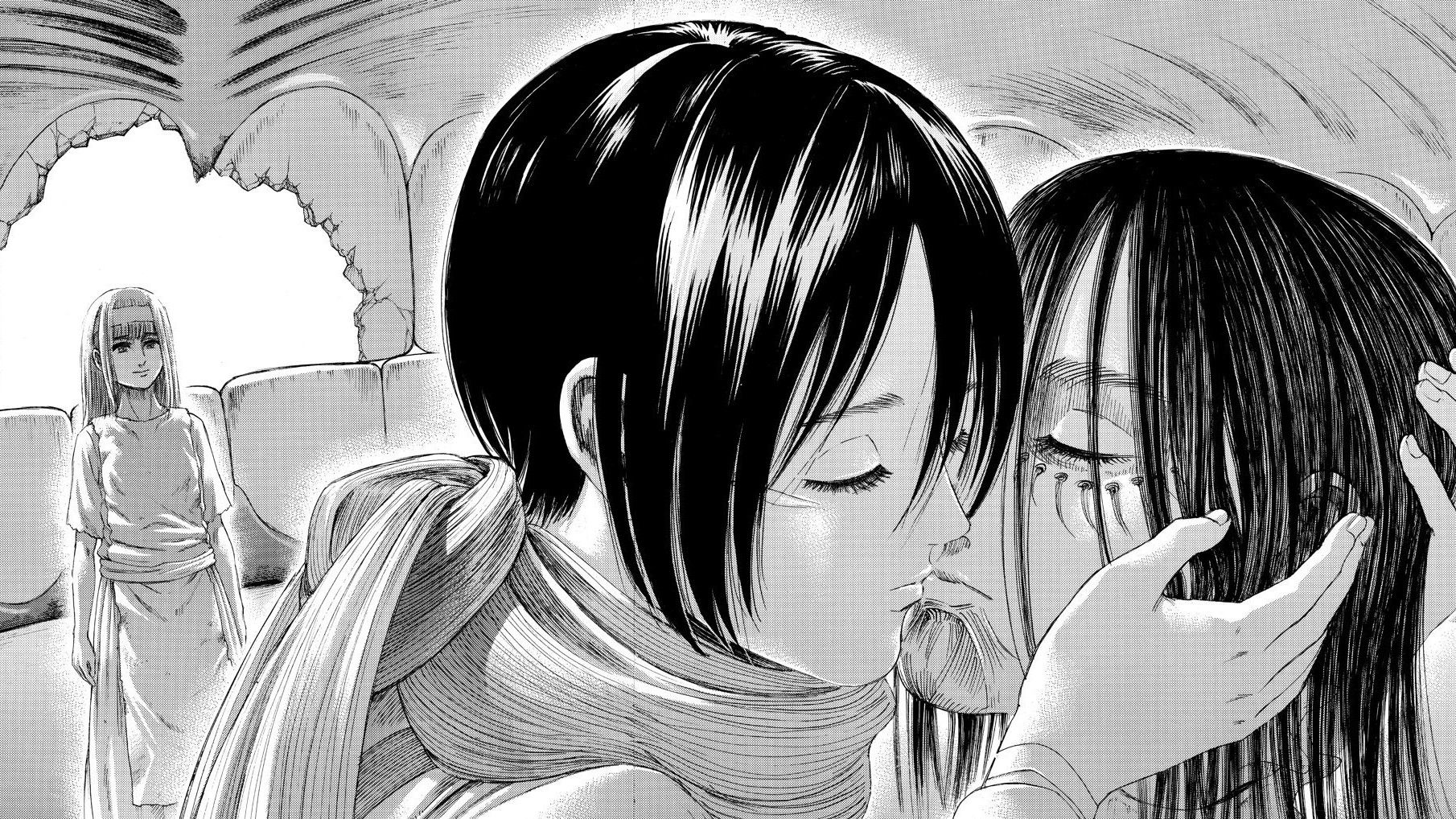 Mikasa, Eren and Ymir as seen in the manga 