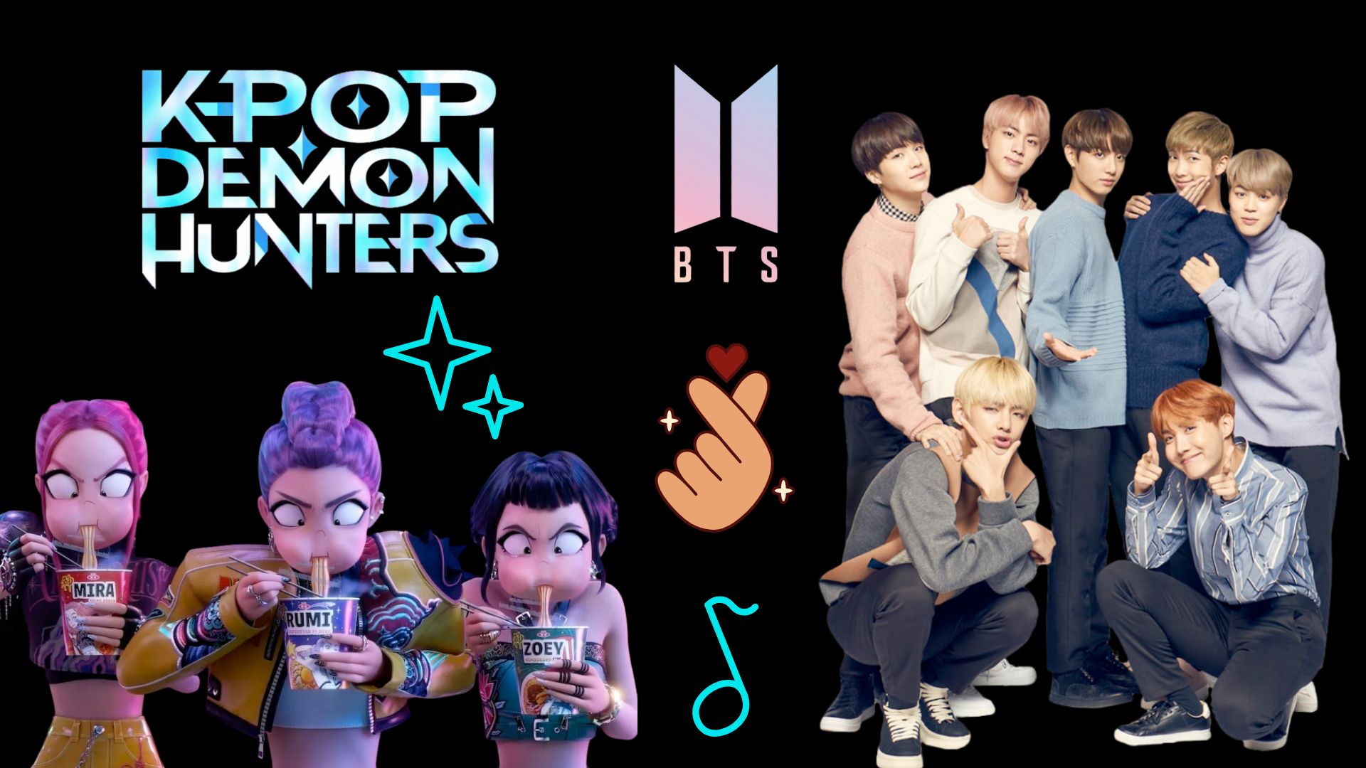 BTS + HUNTRIX - K-Pop Demon Hunters | Images via: Netflix/HYBE | Collage by: Beatrix Kondo of Soap Central