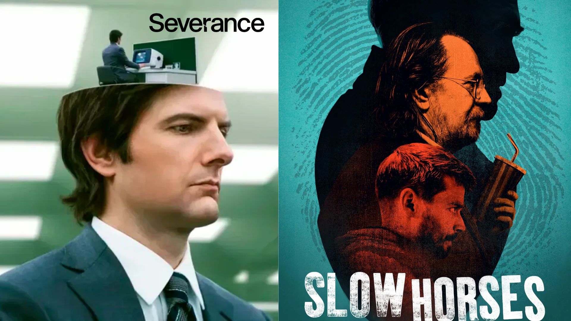 Promotional posters for Severance and Slow Horses | Image via Apple TV+