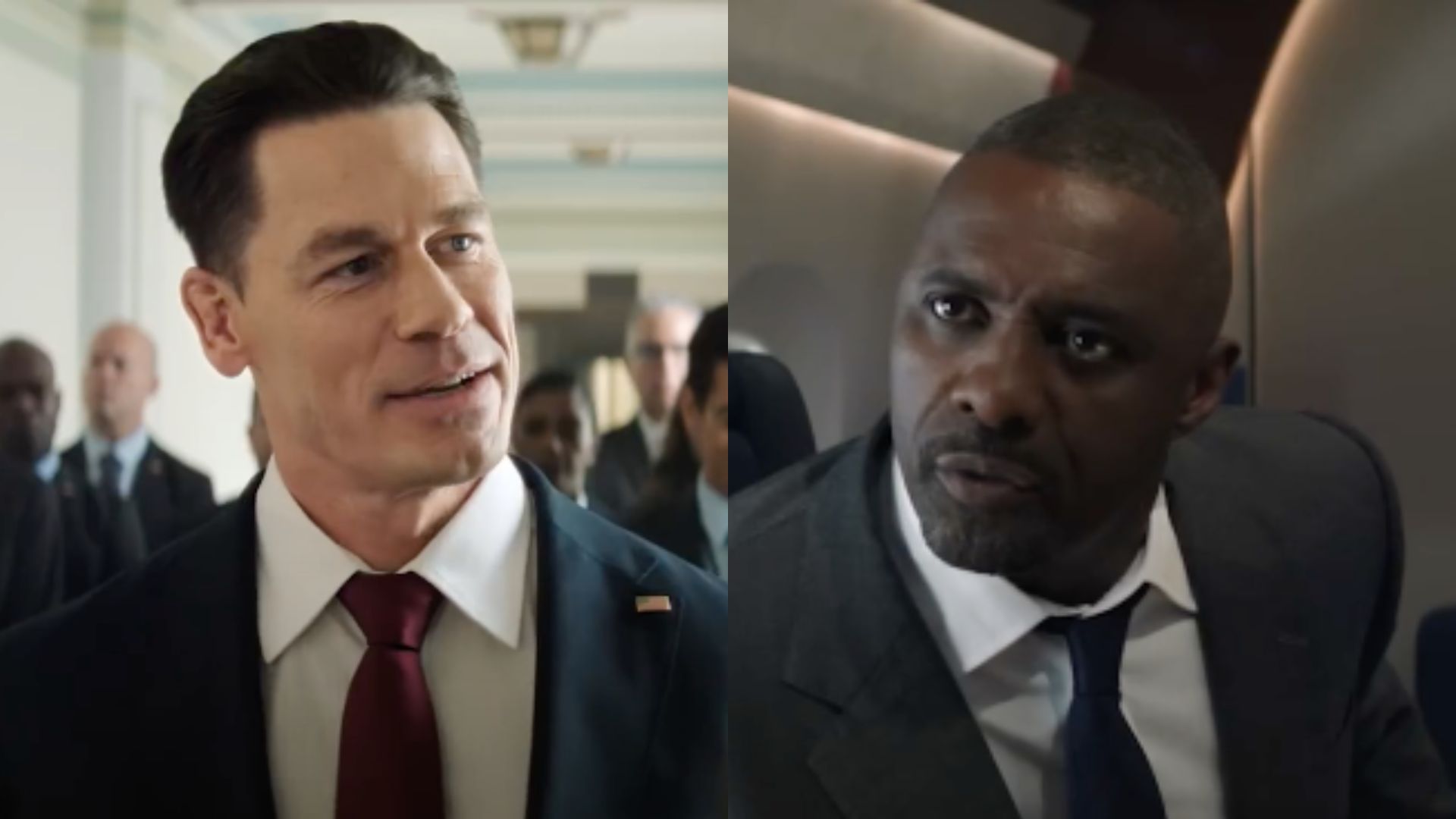 Two stills from Heads of State. In the first image on the left, it features John Cena. And on the right, it is Idris Elba