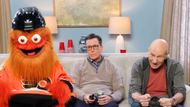 Gritty, Stephen Colbert, and Patrick Stewart in The Late Show with Stephen Colbert | Image via CBS Broadcasting Inc.