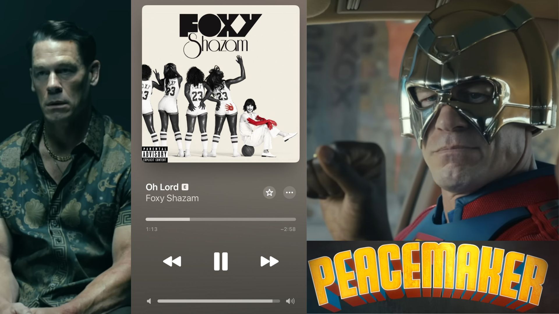 Stills from the Peacemaker Season 2 trailer &amp; Apple Music. (Trailer stills Via. YouTube, DC)