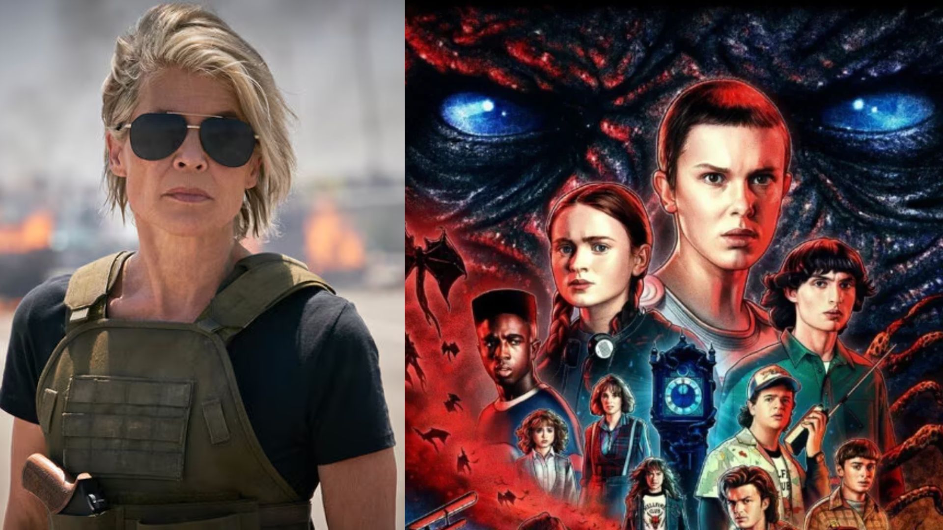 Linda Hamilton and Promotional poster for Stranger Things | Image via Netflix