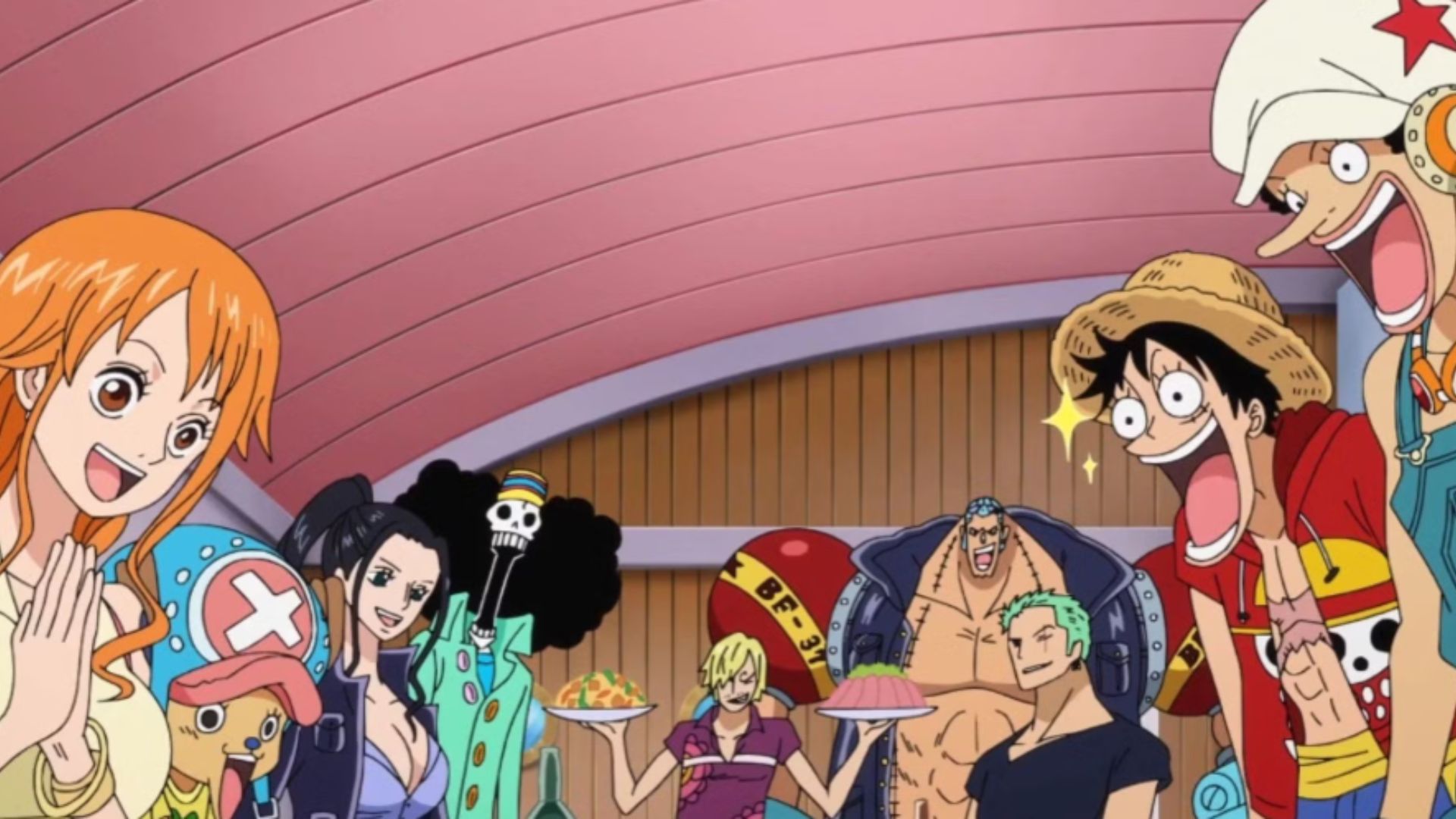 Strawhats appreciating food cooked by Sanji