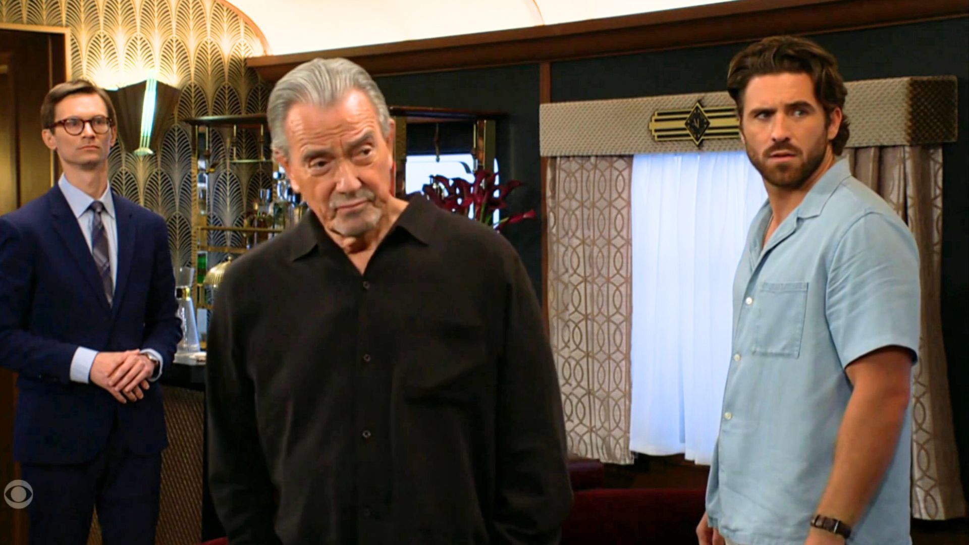 Carter (Vincent Stalba) was grilled by Victor (Eric Braeden) and Chase (Conner Floyd) on Y&amp;R | Image: CBS