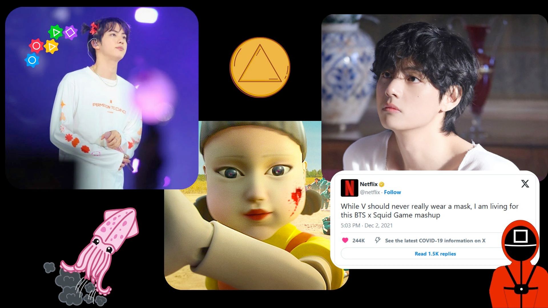 Jin and V of BTS cosplaying Squid Game characters | Sources: Netflix/Weverse/Disney +/Canva (Collage by Beatrix Kondo)