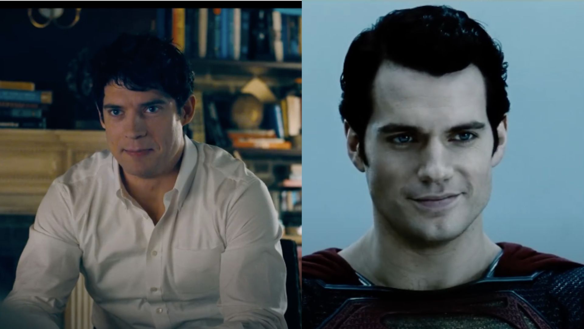 This is a collage of stills from Superman (2015) and Man of Steel (2013). On the left, there is David Corenswet as Clark Kent and on the right, there is Henry Cavill as Superman 