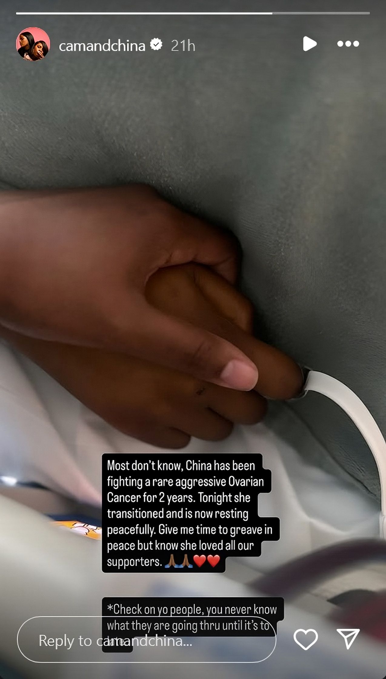 Cam &amp; China announces China Walker&#039;s death (Image via @camandchina on Instagram)