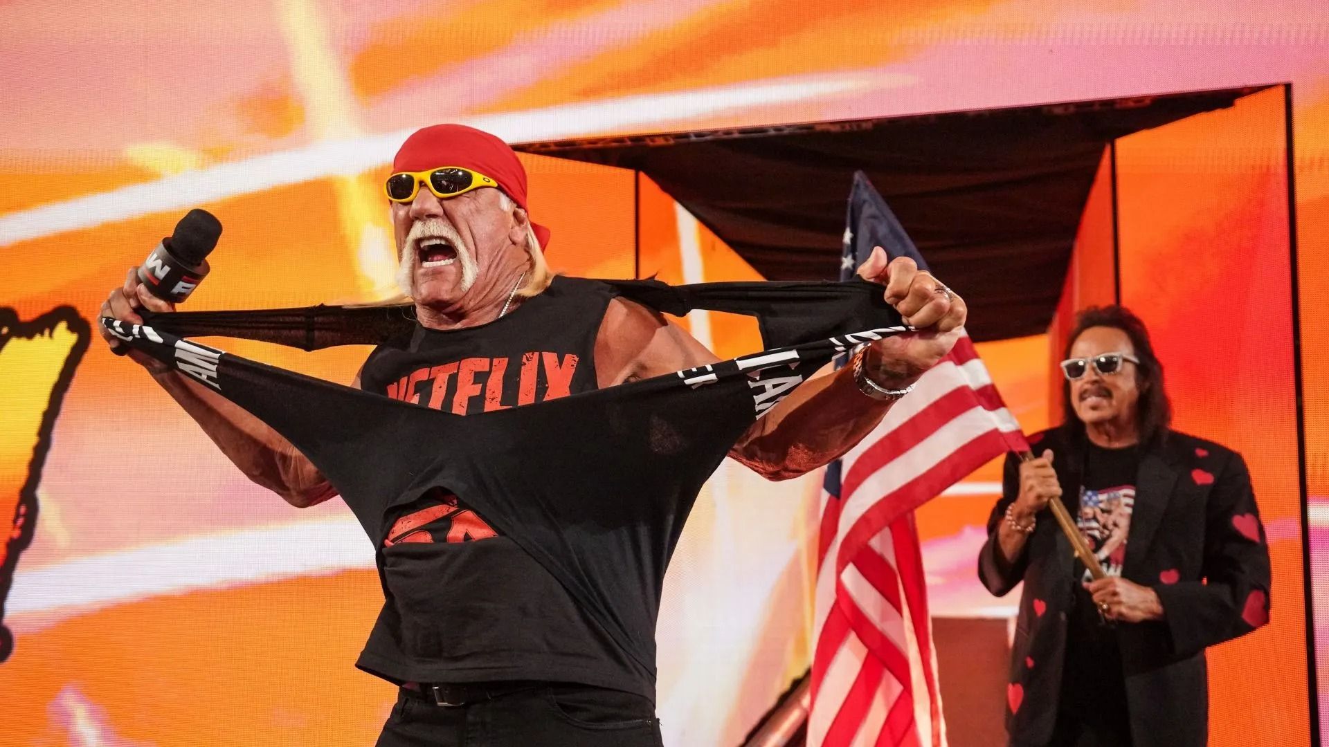 Hulk Hogan with Jimmy Hart along side address the crowd during RAW at Intuit Dome
