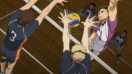 Tsukishima blocks Ushijima's spike (Image Source: Production I.G.)