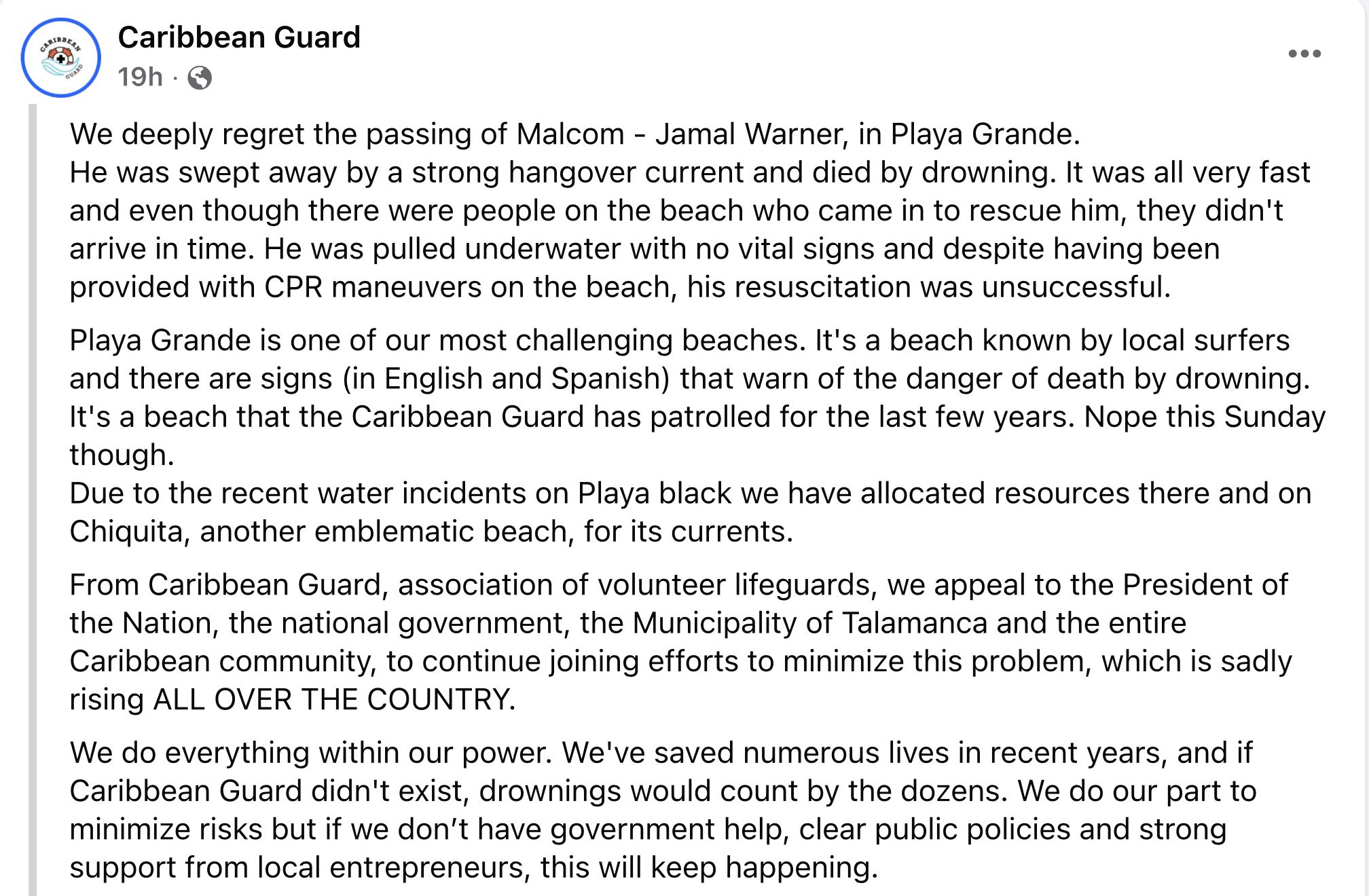 The Caribbean Guard&#039;s statement on Facebook