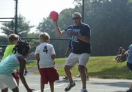 South Heidelberg Township hosted its ?Kids vs Kops? event. The department had 5 officers participating in events against the playground kids. Sgt David McQuate winds up to throw a ball at the kids during a dodgeball match. Photo by Susan L. Angstadt 7/ - Source: Getty