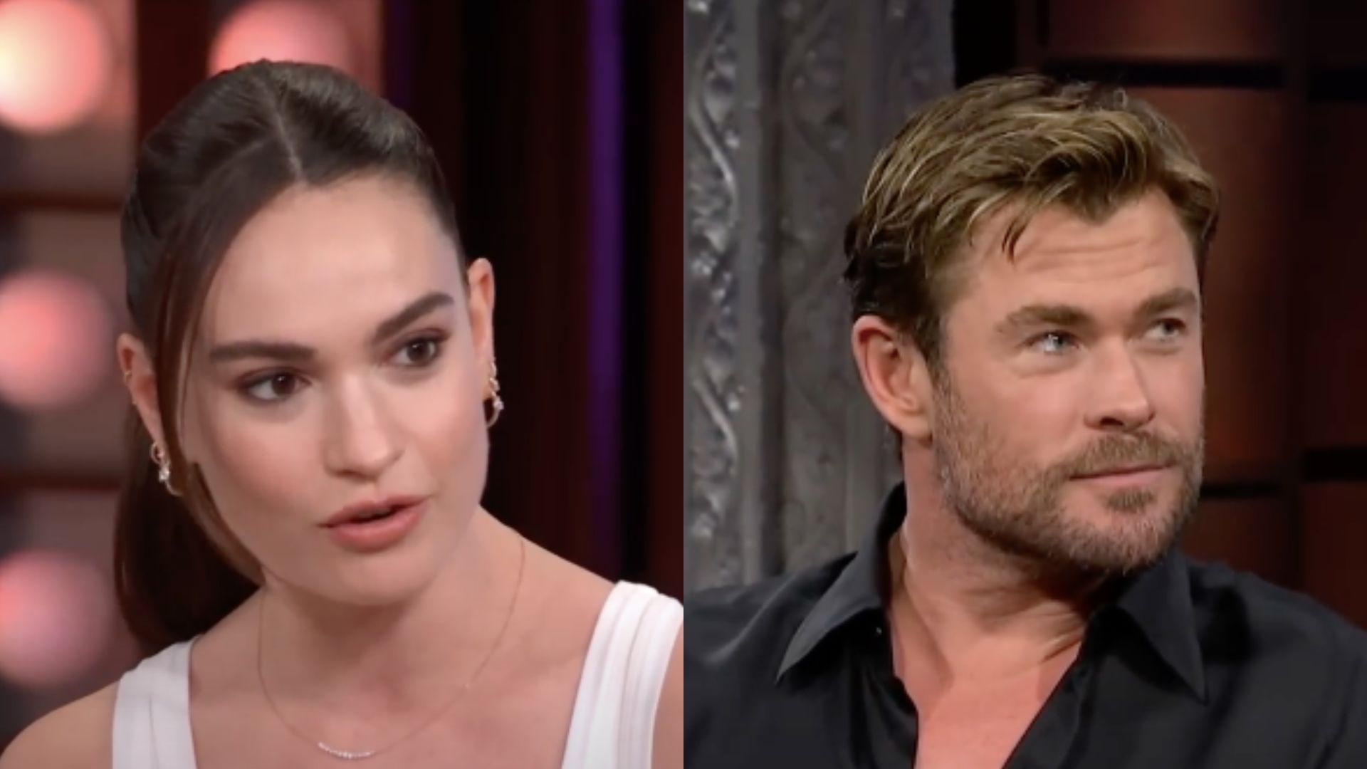 This is a collage of the images of actors Lily James (left) and Chris Hemsworth (right)