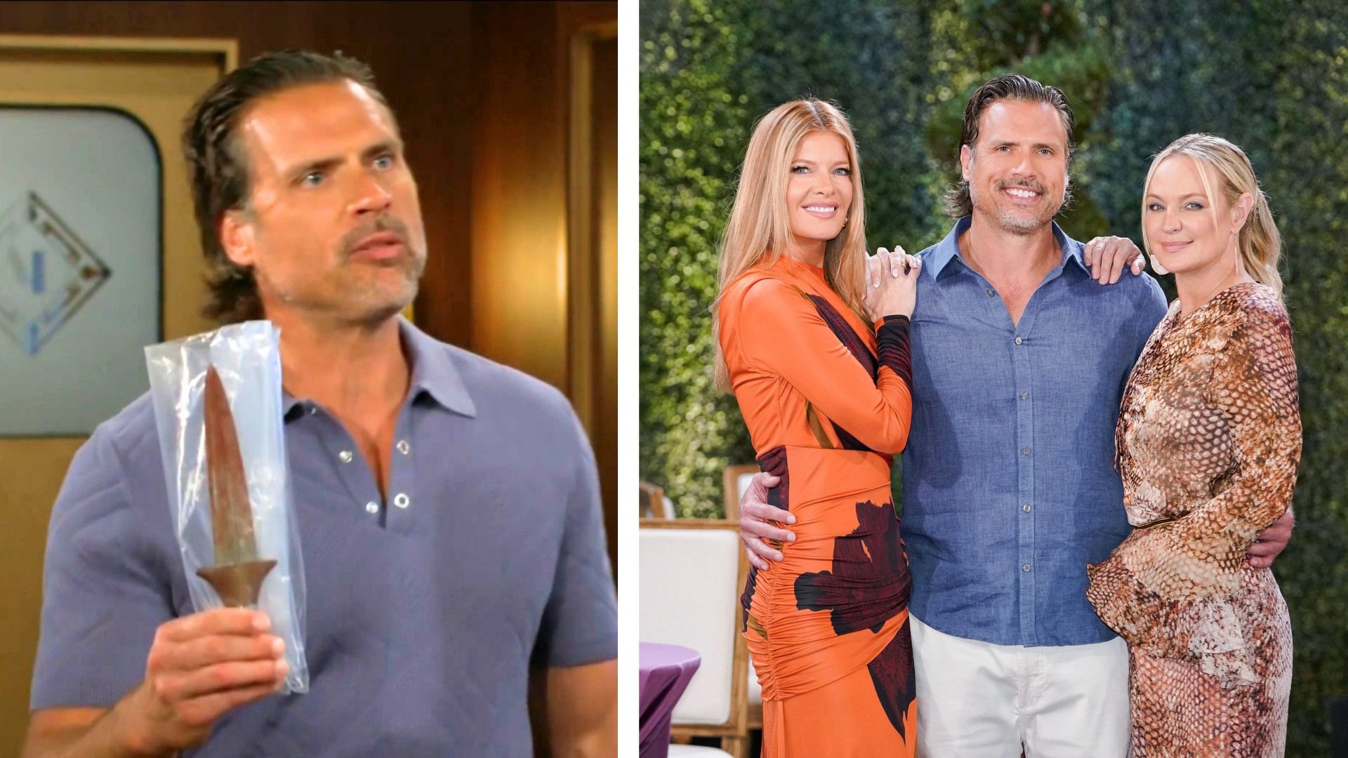 Nick (Joshua Morrow) helps keep the peace between Phyllis (Michelle Stafford) and Sharon (Sharon Case), but he has a point to make about the knife | Image: CBS, JPI