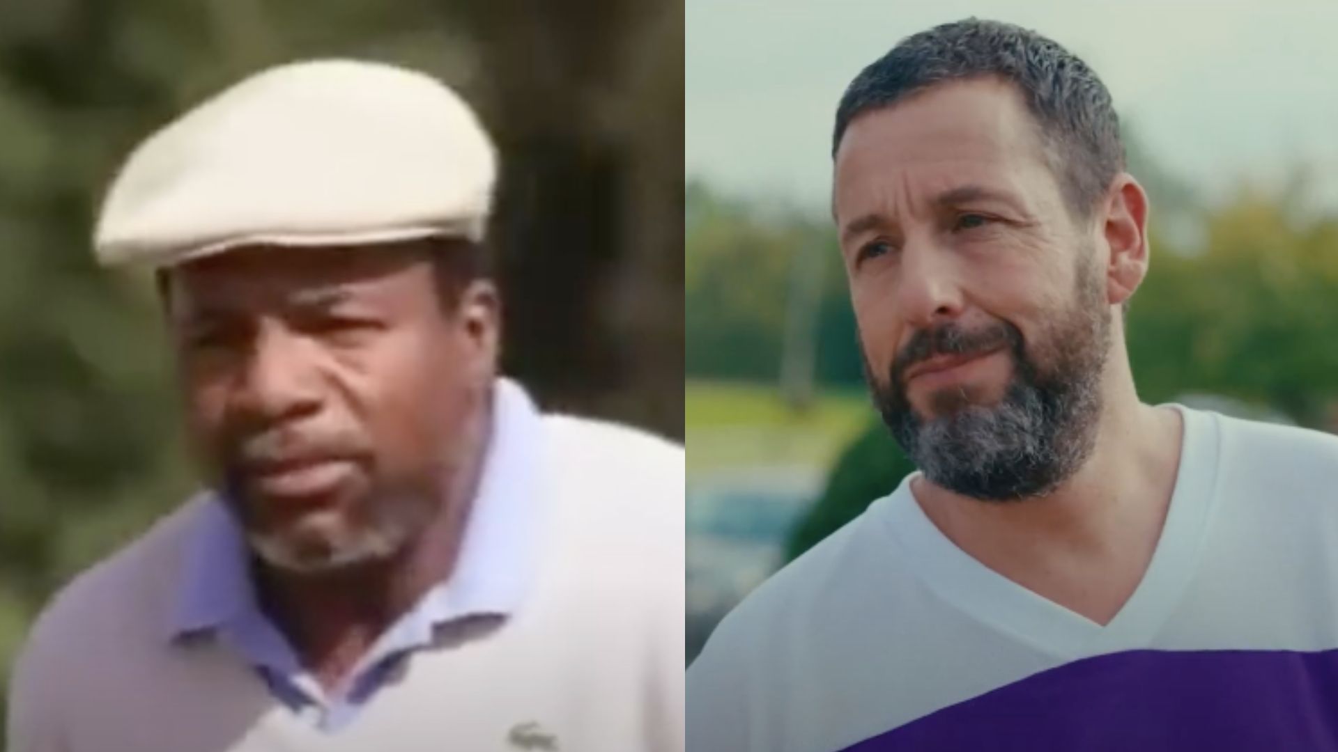 This is a collage of images of Carl Weathers in Happy Gilmore (left) and Adam Sandler in Happy Gilmore 2 (right)