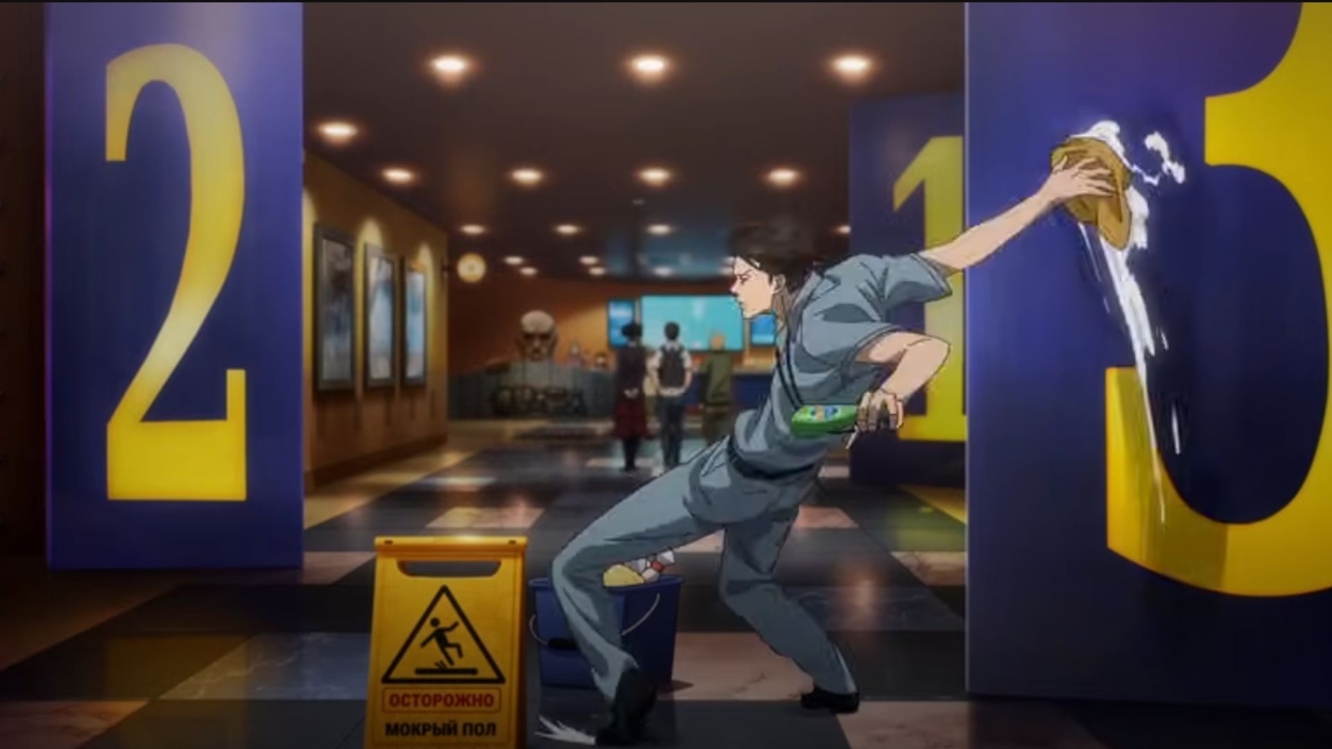 Levi as seen mopping inside the theater (Image Source: MAPPA Studio)