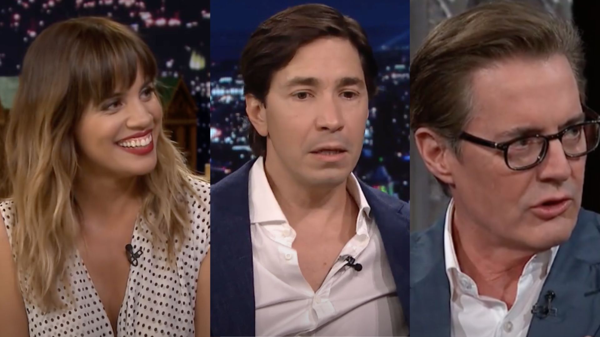This is a collage of the images of actors Natalie Morales, Justin Long and Kyle MachLachlan (left to right)