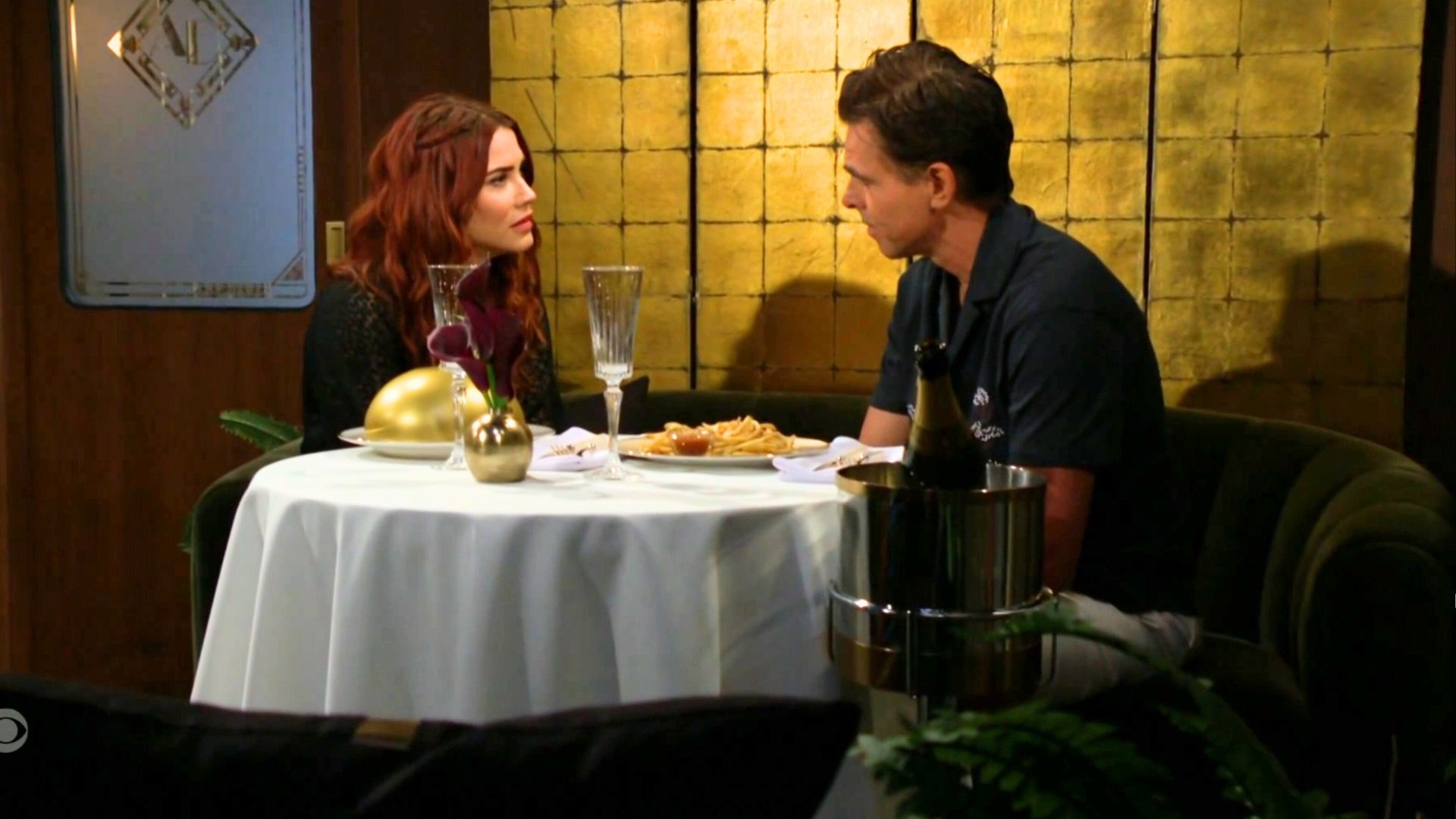 Billy Jason Thompson) and Sally (Courtney Hope) closed a deal in their train cabin on The Young and the Restless | Image; CBS