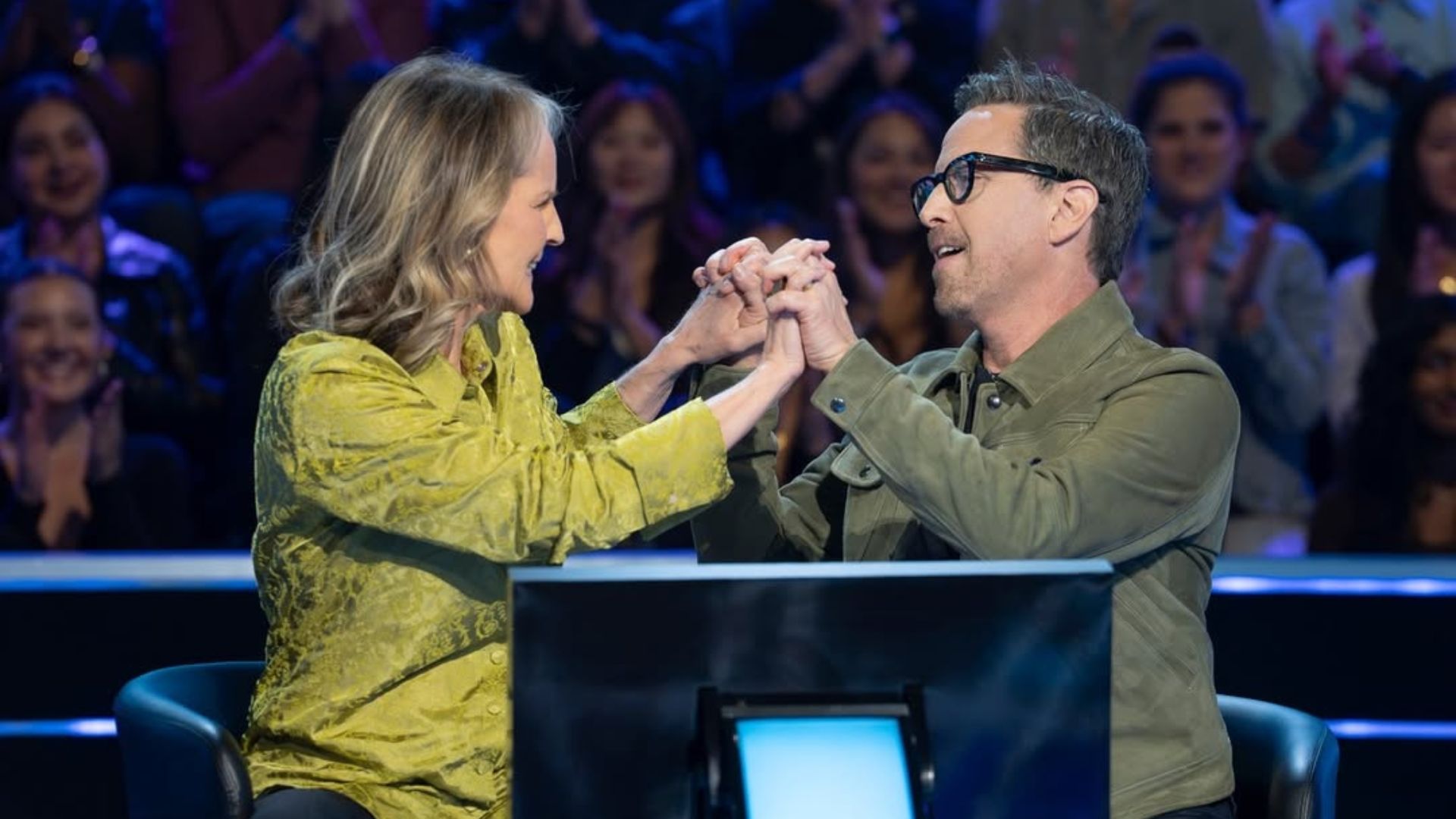 Helen Hunt and Dan Bucatinsky from Who Wants to Be a Millionaire | Image via Instagram/ @millionairetv