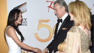 Zuleyka Silver (Audra) said hello to Eric Braeden (Victor) and Nikki (Melody Thomas Scott) at The Young and the Restless 50th party | Image: JPI