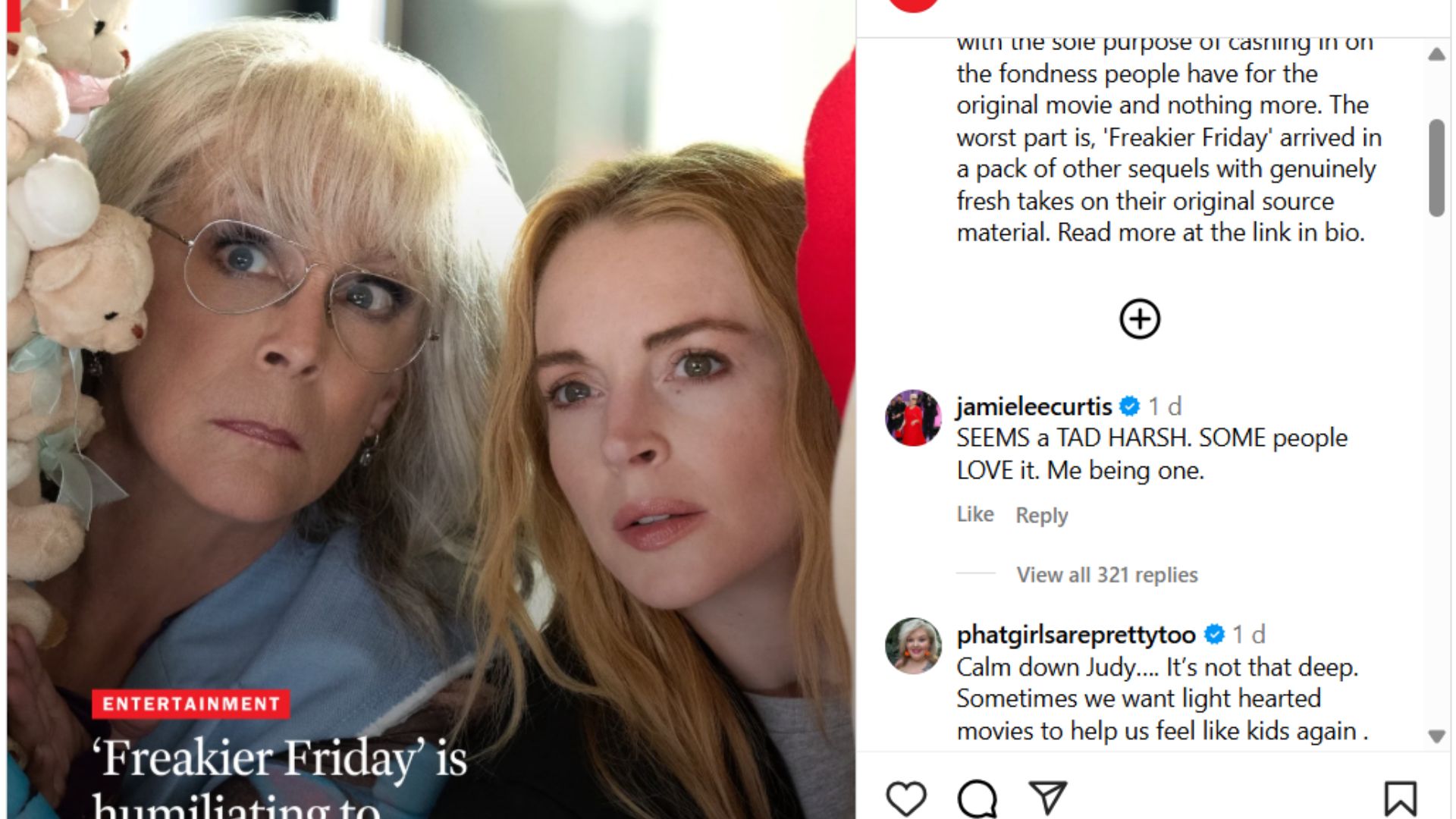 Jamie Lee Curtis comments on a review | Image via timeinstagra