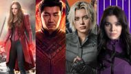 Elizabeth Olsen as Scarlet Witch, Simu Liu as Shang-Chi, Florence Pugh as Yelena, and Hailee Steinfeld as Kate Bishop | Image via Marvel / Disney+