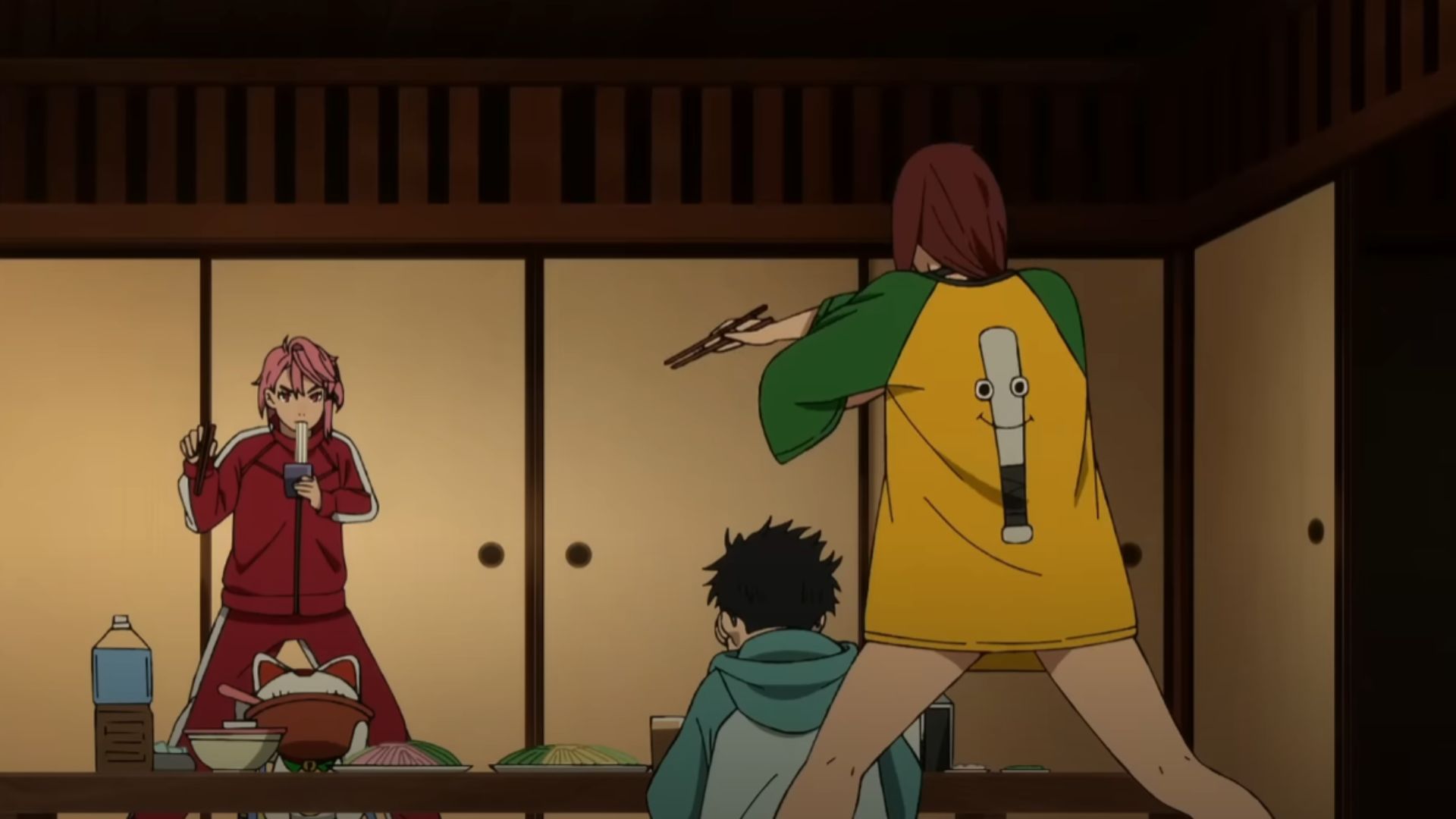 Momo and Aira&#039;s argument while Turbo Granny and Okarun eat peacefully (Image Source: Science SARU)