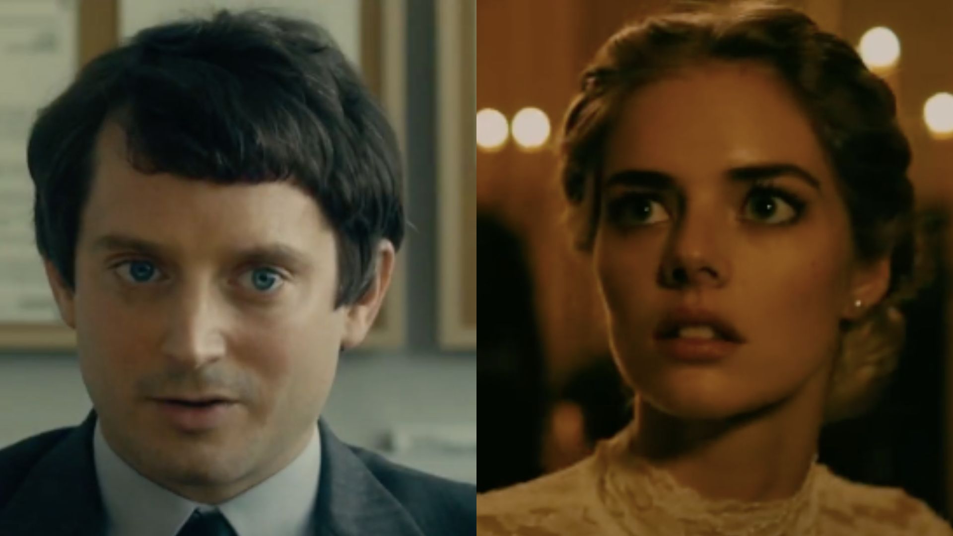This is a collage of Elijah Wood in a still from No Man of God (left) and Samara Weaving in Ready or Not (right)