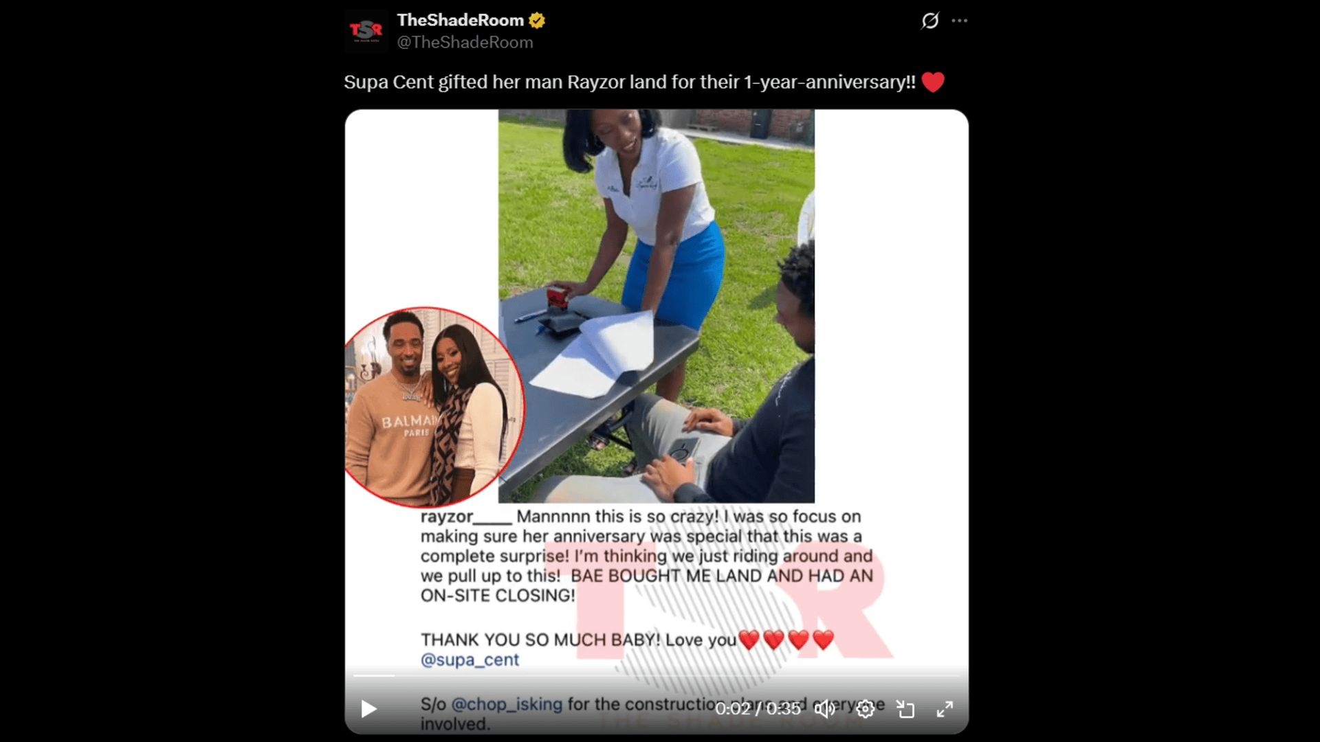 Supa Cent gifted Rayzor Breaux a piece of land for their anniversary in 2022. (Image via X)