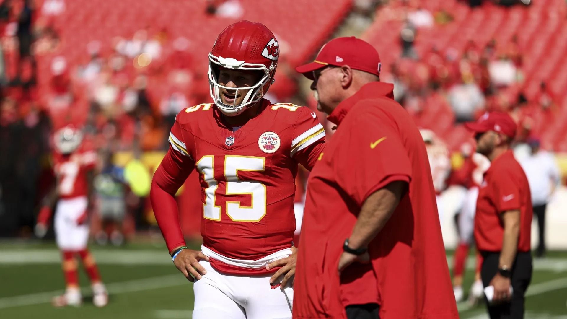 Patrick Mahomes talks to coach Andy Reid prior to an NFL football game against the Cincinnati Bengals - Source: Getty