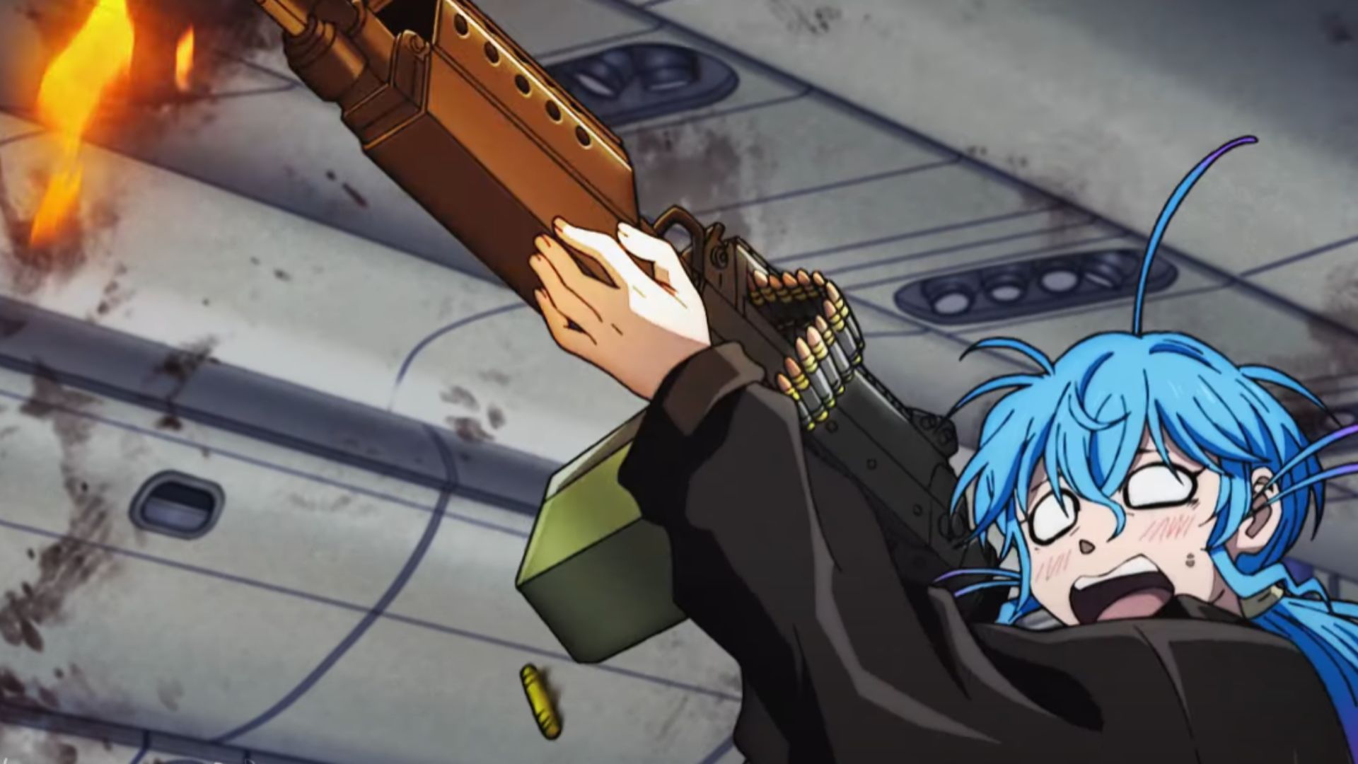 Clumsy Akira can&#039;t handle a heavy gun (Image Source: TMS Entertainment)