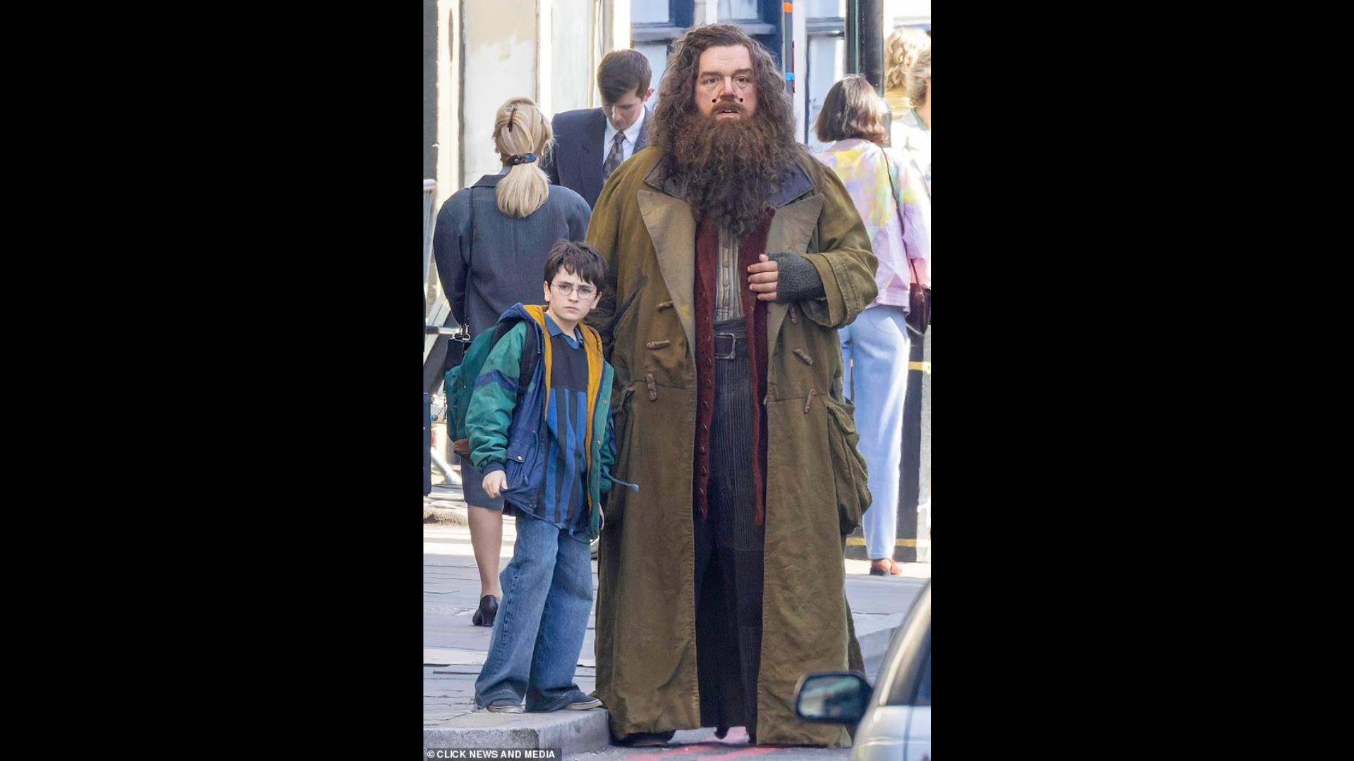 Dominic McLaughlin as Harry Potter with Hagrid double wearing Nick Frost&rsquo;s mask | Image via Redanian Intelligence