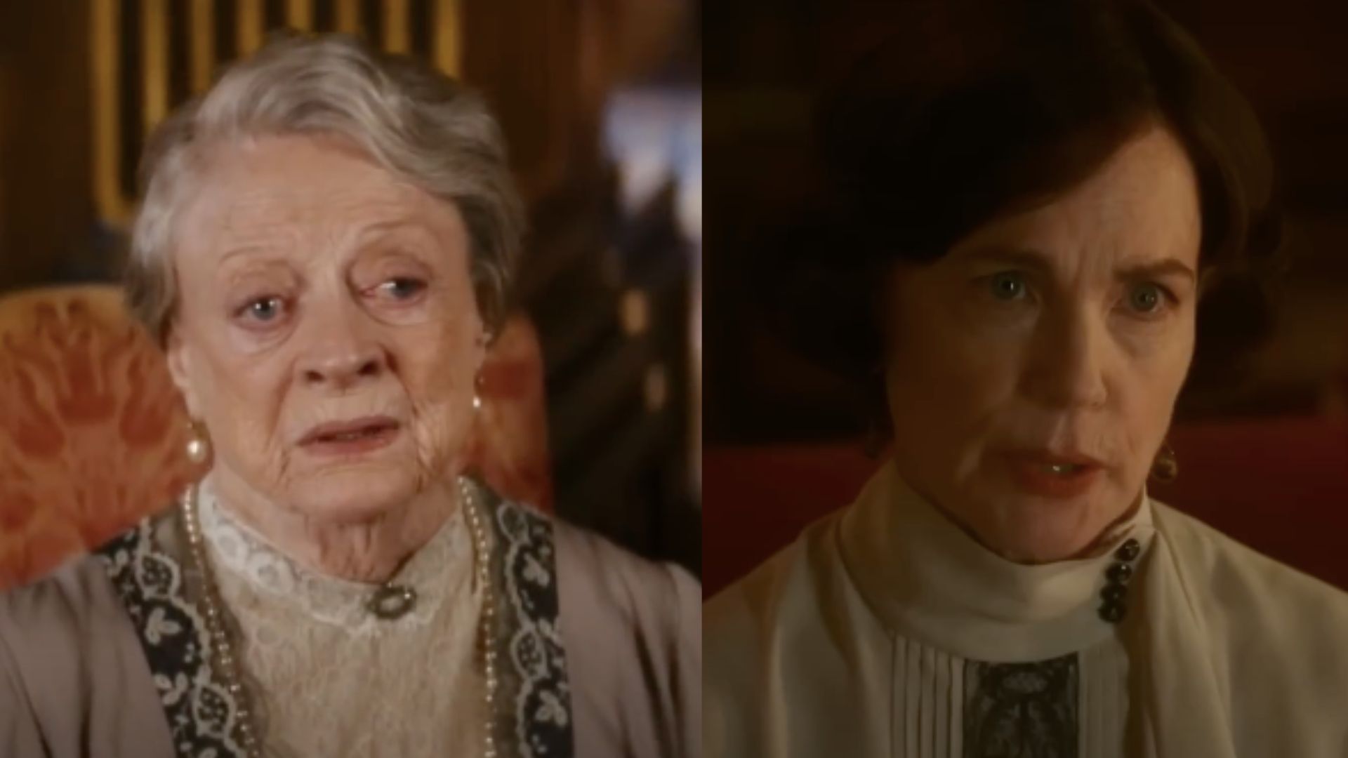 This is a collage of actors Maggie Smith (left) in Downton Abbey: The New Era and Elizabeth McGovern (right) in Downton Abbey: The Grand Finale. 
