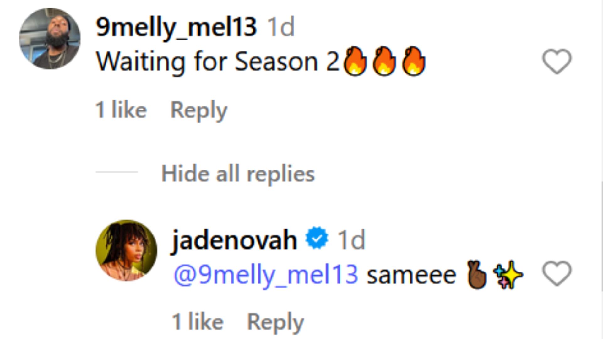 Jade Novah&#039;s Instagram Comment to a fan. (Image Via: @jadenovah, Instagram)